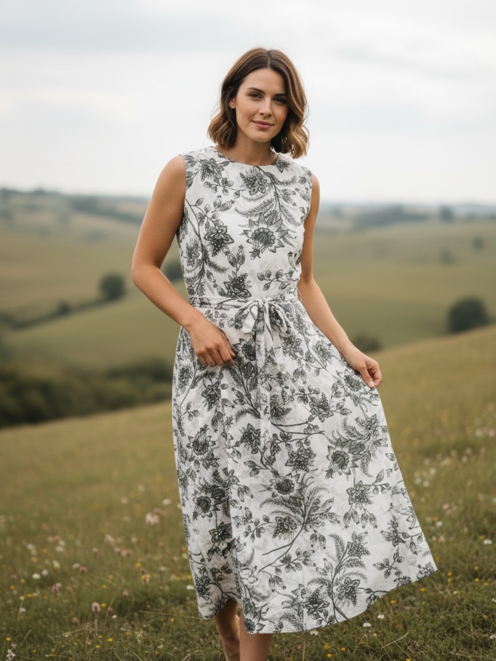 Anne Klein Linen Blend Cottage Garden Floral Sleeveless Belted Coastal Dress